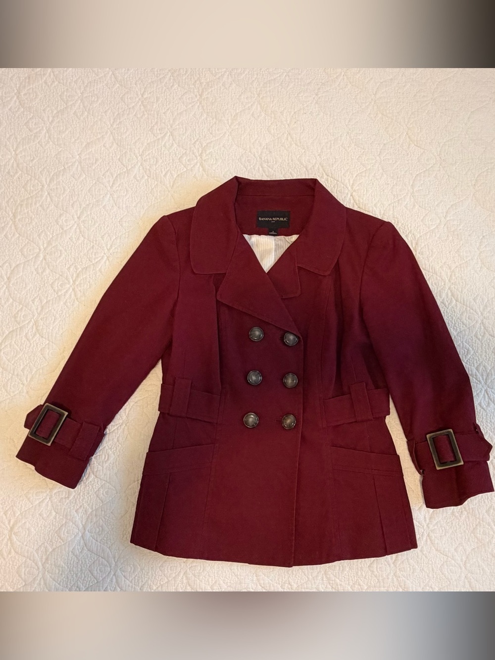 Banana Republic Women's Burgundy Double-Breasted Peacoat with Buckle Cuffs